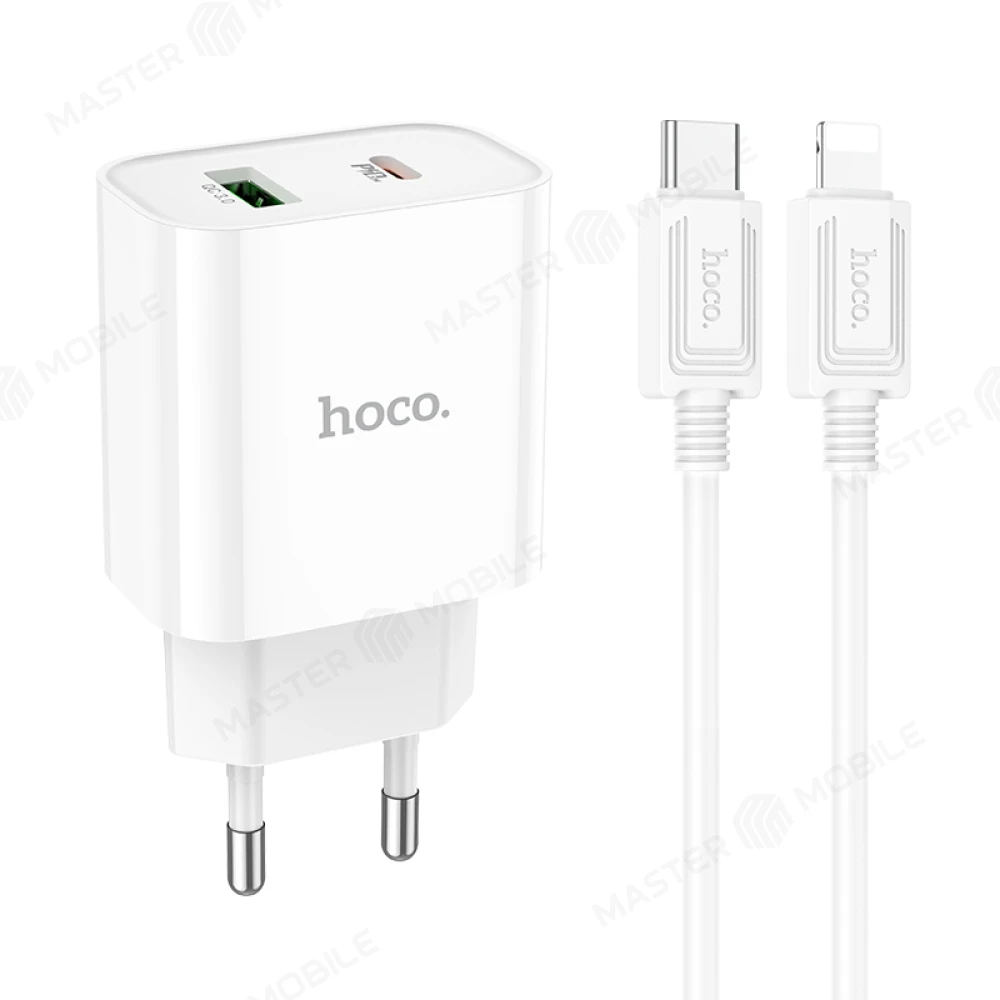 Сетевое зарядное устройство Hoco C80A Plus USB + TypeC 20W + кабель TypeC - Lightning (белый) фото №1